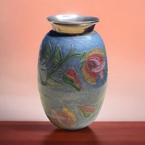 Vintage Cloisonne Hand-Painted Brass Flower Vase With Colorful Floral Design